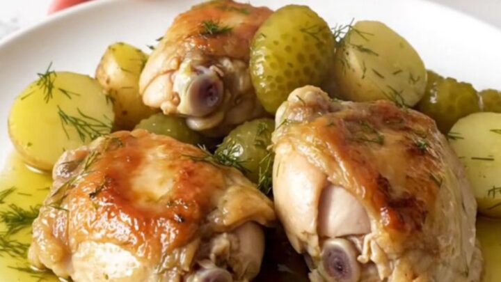 A close-up of tender chicken thighs and soft potatoes in a creamy dill sauce inside a black slow cooker.