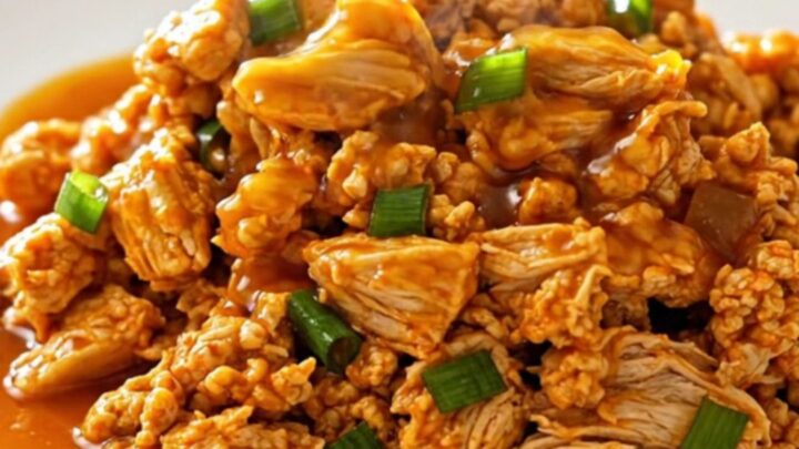 A close-up of slow cooker orange ground turkey served in a white bowl with green onions.