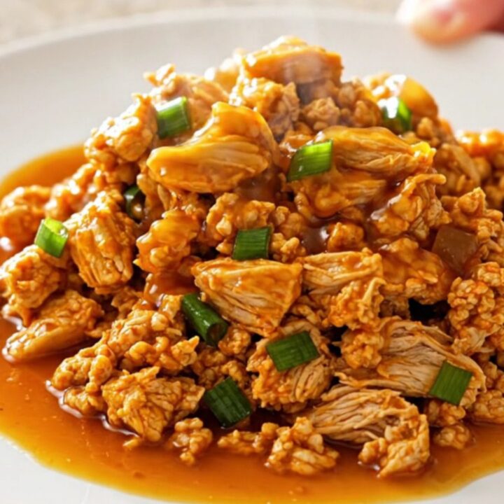 A close-up of slow cooker orange ground turkey served in a white bowl with green onions.