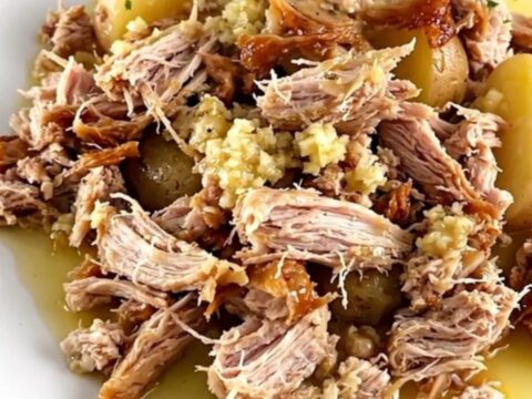 A close-up of slow-cooked ground turkey and baby potatoes in a garlic butter sauce, served on a white plate.