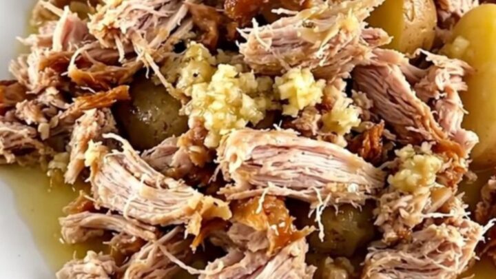 A close-up of slow-cooked ground turkey and baby potatoes in a garlic butter sauce, served on a white plate.