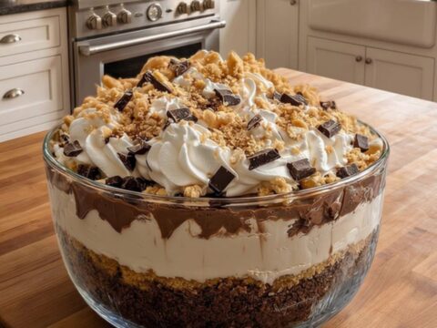 A beautiful layered Baileys chocolate cheesecake trifle in a glass bowl on a wooden surface.