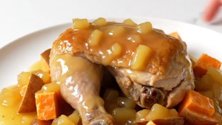 A top-down view of raw chicken breasts, sweet potato cubes, and apple slices in a slow cooker insert.