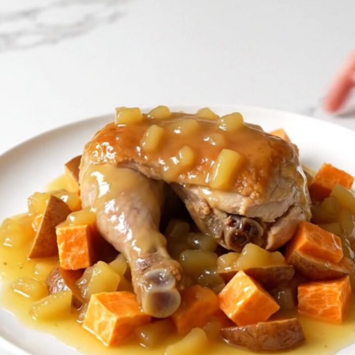 A top-down view of raw chicken breasts, sweet potato cubes, and apple slices in a slow cooker insert.