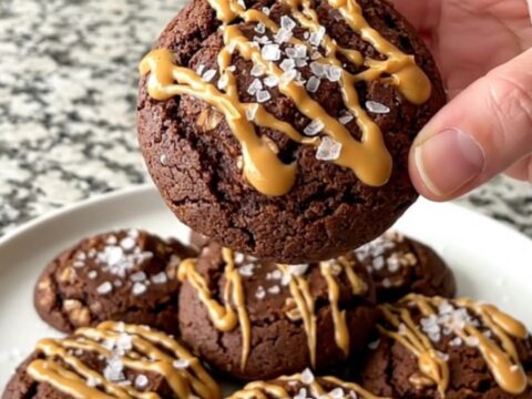 A plate of chocolate peanut butter oat no-bake cookies with a sea salt garnish.