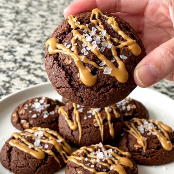 A plate of chocolate peanut butter oat no-bake cookies with a sea salt garnish.