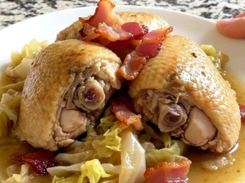 A top-down view of chicken thighs and cabbage wedges cooking in a black slow cooker with bacon.