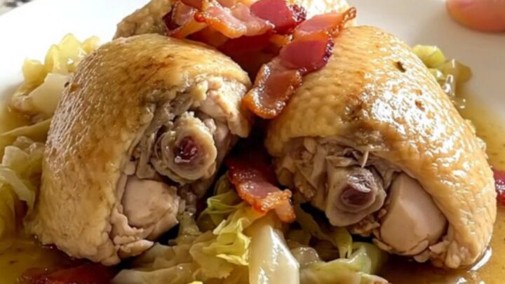A top-down view of chicken thighs and cabbage wedges cooking in a black slow cooker with bacon.