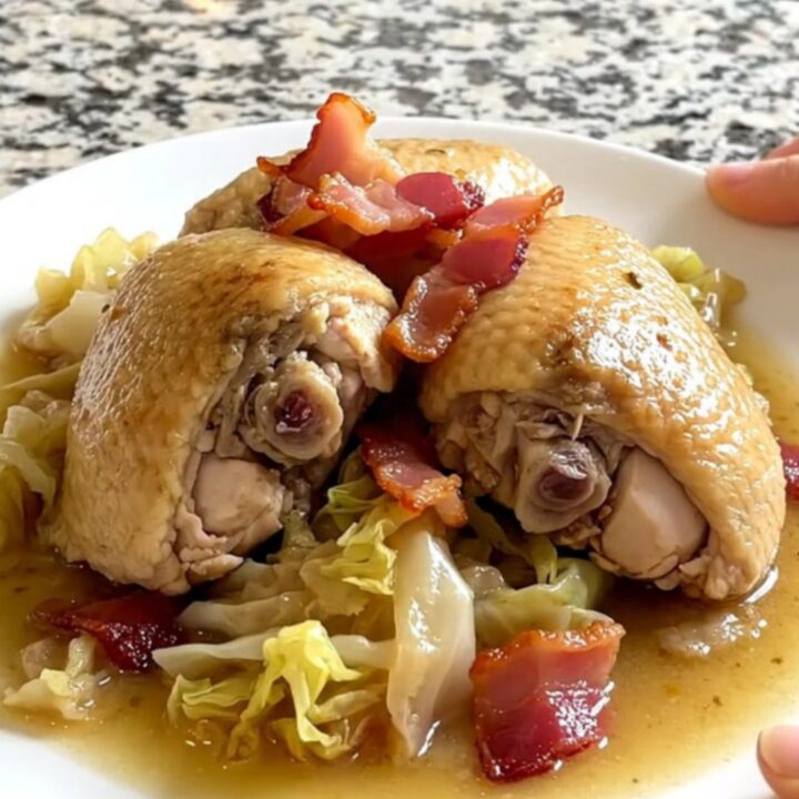 A top-down view of chicken thighs and cabbage wedges cooking in a black slow cooker with bacon.