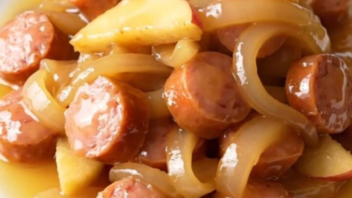 A close-up view of sliced chicken sausage, apples, and onions in a slow cooker, looking warm and savory.