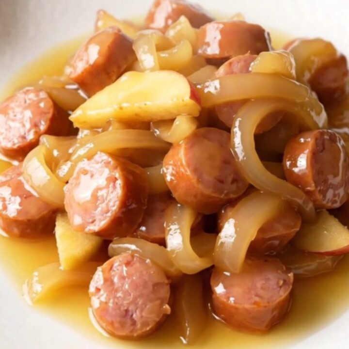 A close-up view of sliced chicken sausage, apples, and onions in a slow cooker, looking warm and savory.