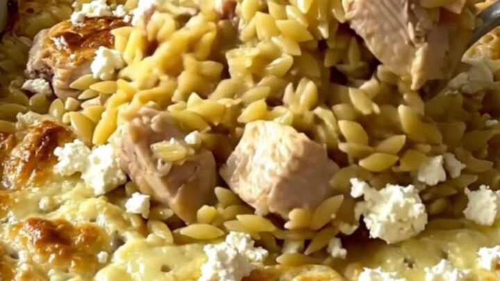A top-down view of a rectangular baking dish filled with raw orzo, chicken pieces, and lemon broth