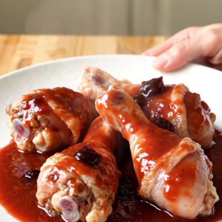 Close up of slow cooker grape jelly drumsticks with a glossy purple sauce in a white ceramic insert.
