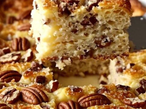 A golden, puffed Maple Pecan French Toast Bake in a white rectangular dish on a beige countertop.