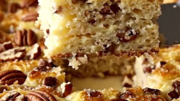 A golden, puffed Maple Pecan French Toast Bake in a white rectangular dish on a beige countertop.