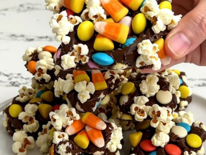 A top-down view of Halloween popcorn bark on a dark baking sheet with scattered candy corn and orange chocolates.