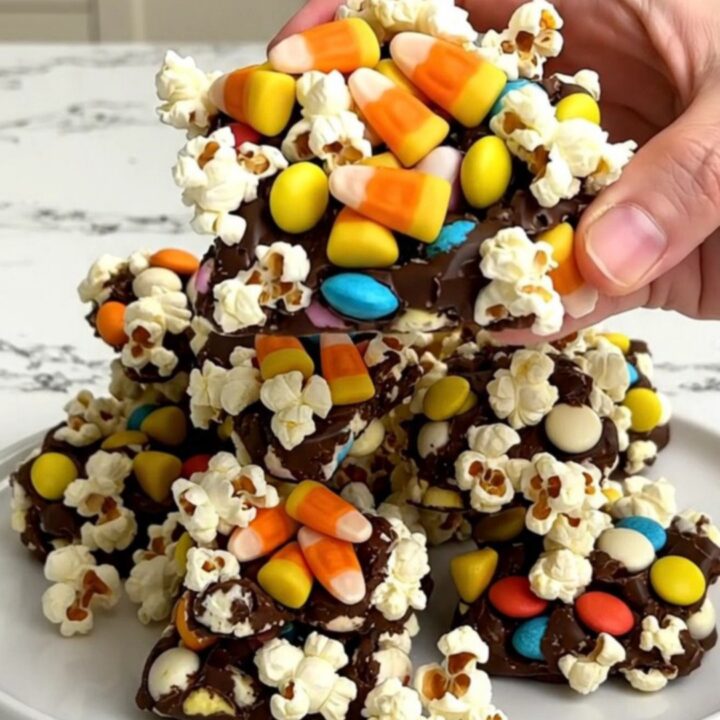 A top-down view of Halloween popcorn bark on a dark baking sheet with scattered candy corn and orange chocolates.