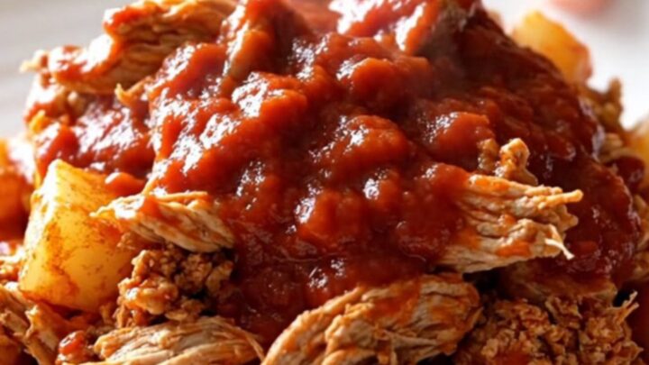 A close-up of slow cooker turkey picadillo with potatoes in a rich tomato sauce on a white plate.
