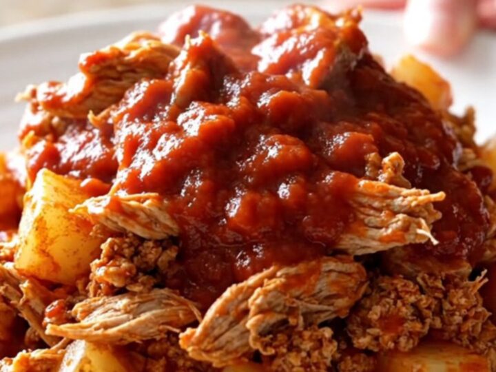 A close-up of slow cooker turkey picadillo with potatoes in a rich tomato sauce on a white plate.