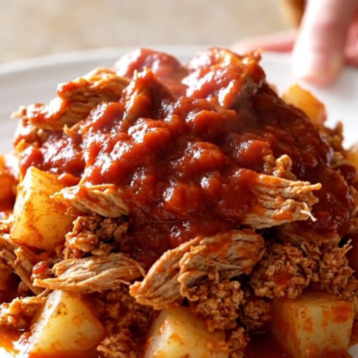 A close-up of slow cooker turkey picadillo with potatoes in a rich tomato sauce on a white plate.