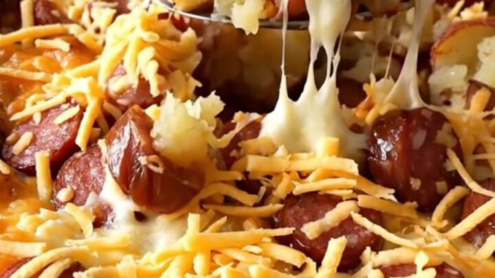 A top-down view of a rectangular baking dish filled with raw diced red potatoes and sliced andouille sausage