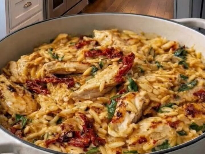 A large white pot filled with creamy orzo, seared golden chicken pieces, sun-dried tomatoes, and wilted spinach.