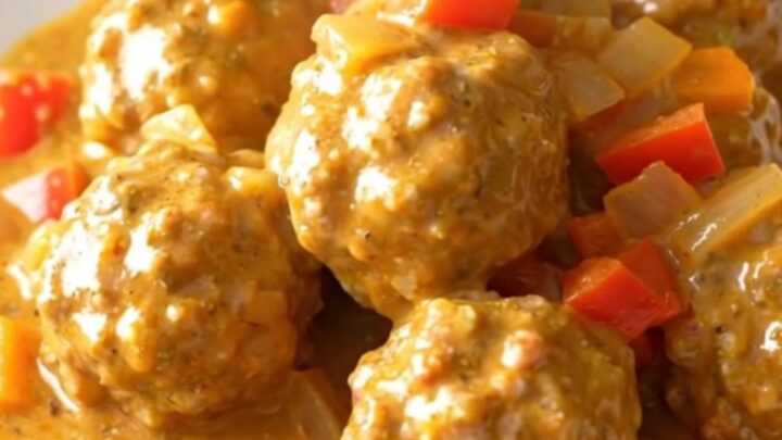 A close-up of creamy Cajun meatballs in a slow cooker topped with colorful bell peppers and onions.