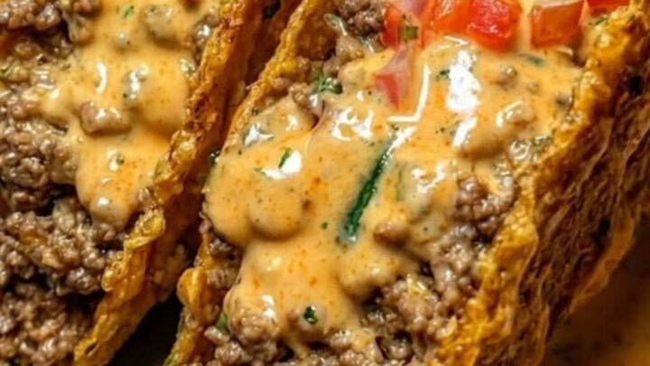 Three crispy ground beef tacos standing on a grey plate, covered in creamy orange queso sauce.