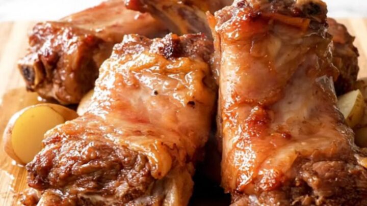 A top-down view of slow-cooked pork spareribs and baby potatoes in a black slow cooker insert.