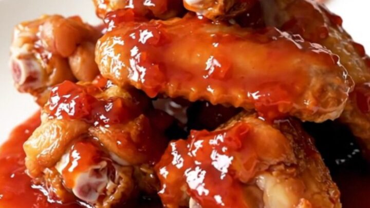 A close-up of slow cooker pepper jelly wings in a black insert with a spoon lifting one drumette.