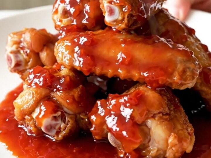 A close-up of slow cooker pepper jelly wings in a black insert with a spoon lifting one drumette.