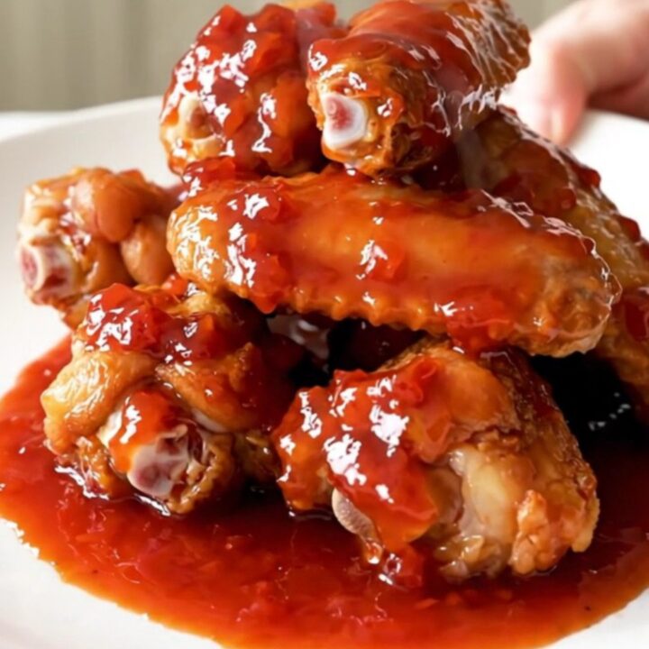 A close-up of slow cooker pepper jelly wings in a black insert with a spoon lifting one drumette.