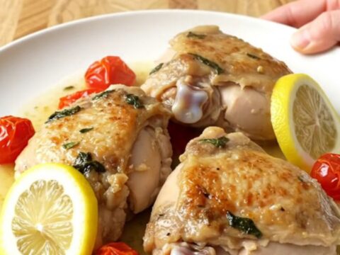 Slow cooker lemon basil chicken with tomatoes and lemon slices in a white ceramic insert.