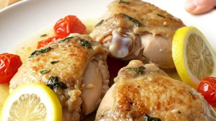 Slow cooker lemon basil chicken with tomatoes and lemon slices in a white ceramic insert.