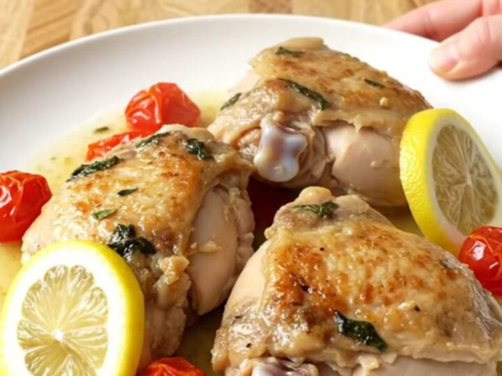 Slow cooker lemon basil chicken with tomatoes and lemon slices in a white ceramic insert.