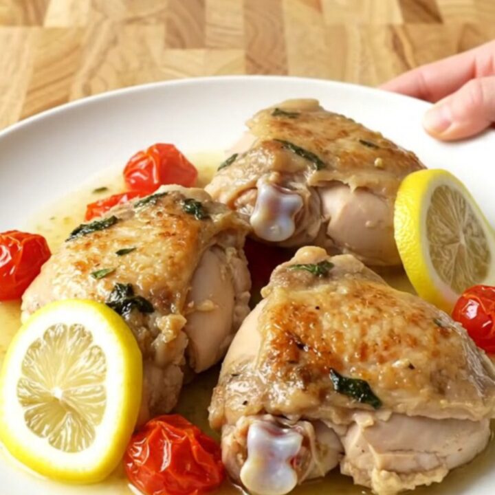 Slow cooker lemon basil chicken with tomatoes and lemon slices in a white ceramic insert.