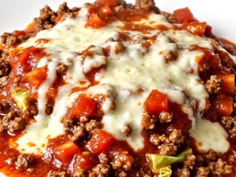 A close-up of cheesy ground beef and cabbage served in a white bowl with melted mozzarella.