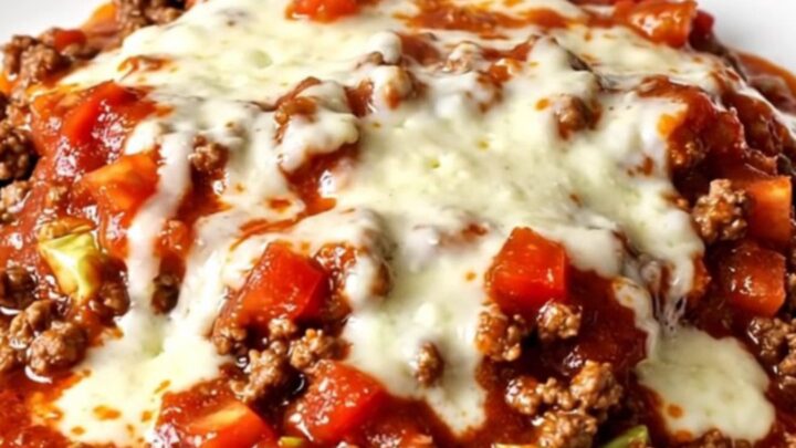 A close-up of cheesy ground beef and cabbage served in a white bowl with melted mozzarella.