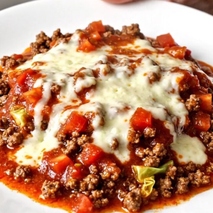 A close-up of cheesy ground beef and cabbage served in a white bowl with melted mozzarella.