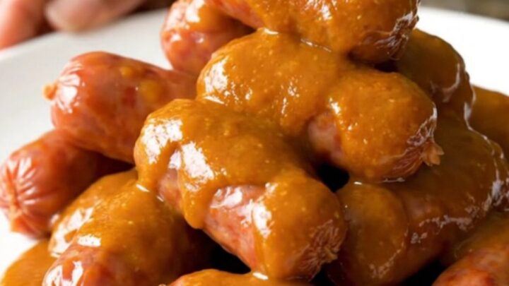 A slow cooker filled with buffalo mini smoked sausages glistening in a buttery orange sauce.