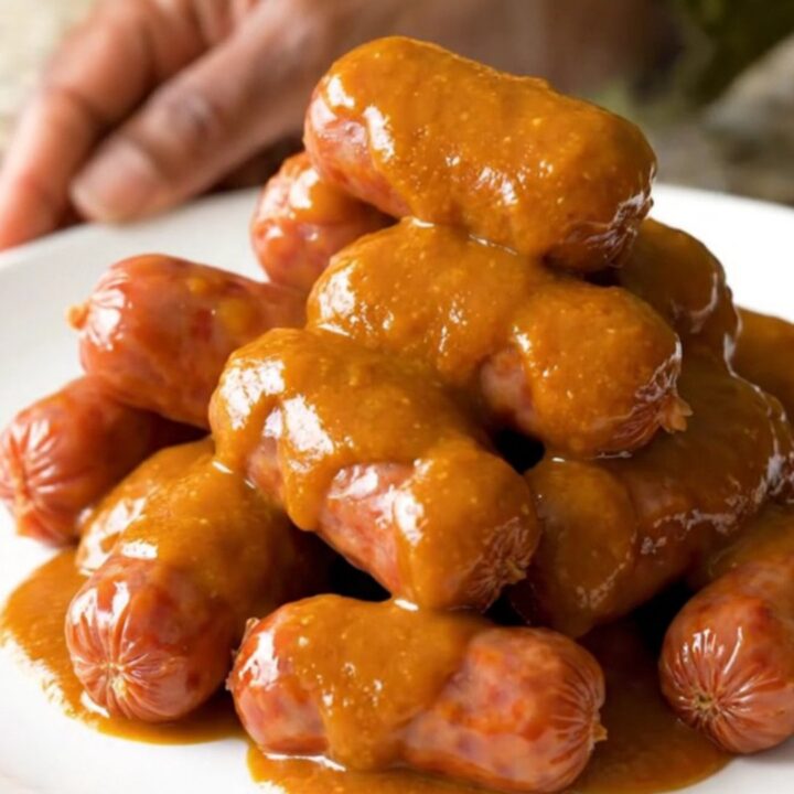 A slow cooker filled with buffalo mini smoked sausages glistening in a buttery orange sauce.
