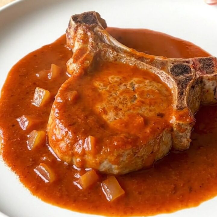 Tender pork chops smothered in vibrant red enchilada sauce with soft onions, served on a white plate.