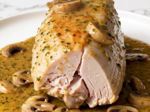 A slow cooker filled with turkey tenderloins, mushrooms, and a creamy Marsala sauce on a white quartz countertop.