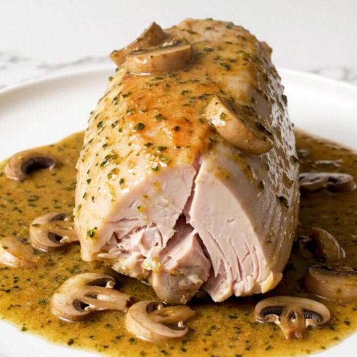 A slow cooker filled with turkey tenderloins, mushrooms, and a creamy Marsala sauce on a white quartz countertop.