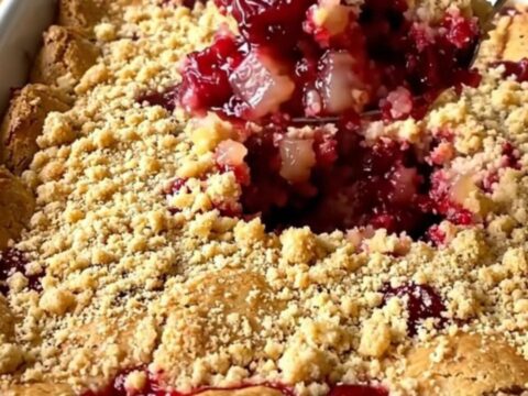 A warm, golden-brown cherry pineapple dump cake in a white ceramic baking dish.