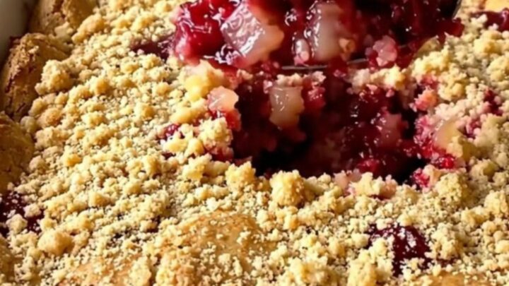A warm, golden-brown cherry pineapple dump cake in a white ceramic baking dish.