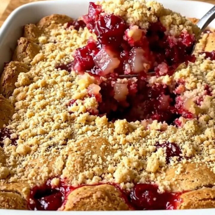 A warm, golden-brown cherry pineapple dump cake in a white ceramic baking dish.