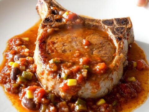 Braised boneless pork chop topped with black beans, sweet corn, and thick chunky red salsa on a white plate.