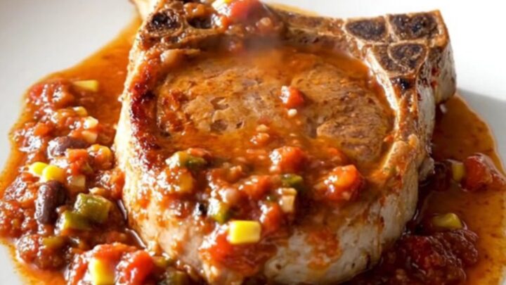 Braised boneless pork chop topped with black beans, sweet corn, and thick chunky red salsa on a white plate.