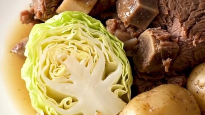 A slow cooker filled with a large chuck roast, cabbage wedges, and baby potatoes in a savory broth.